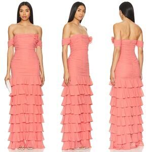 Lovers and Friends | NWT Elora Gown in Coral Off Shoulder Tiered Ruffle Maxi S